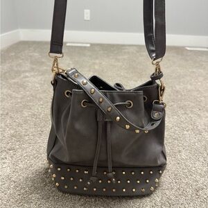 Gray Faux Leather Studded Bucket Bag – Drawstring Shoulder Purse